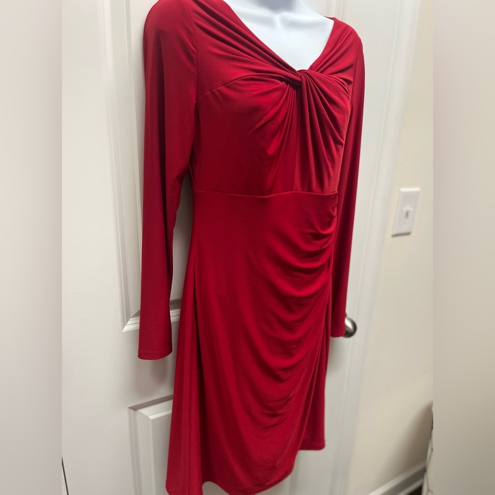 Lauren Ralph Lauren Red,twist neckline,Gathered Long Sleeve Midi Dress 6 - Picture 5 of 12